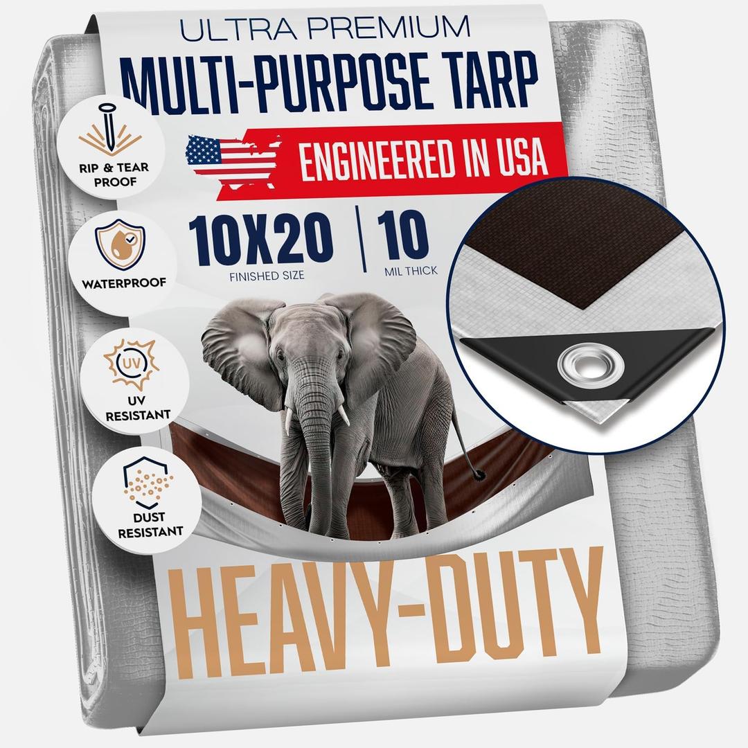 10x20 Heavy Duty Tarp, 10 Mil Thick, Waterproof, Tear & Fade Resistant, High Durability, UV Treated, Grommets Every 18 Inches. (Silver/Brown - Reversible) (10 x 20 Feet)