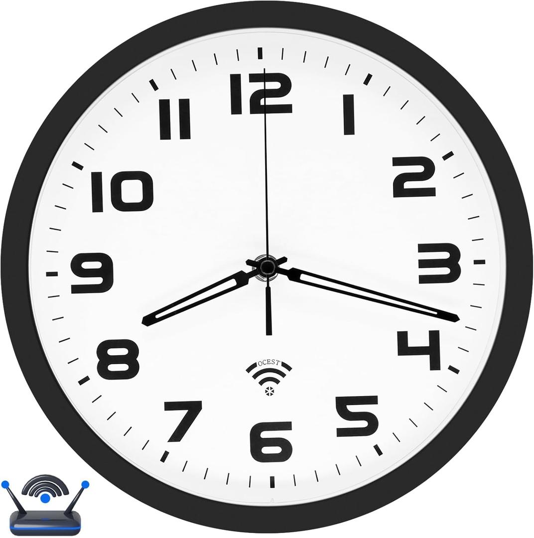 OCEST 10-inch Smart Wi-Fi Analog Wall Clock, Auto Time Sync & DST, Silent Non-Ticking Battery Operated Wall Clocks Large Display Easy to Read for Home Office School Kitchen Living Room Bedroom