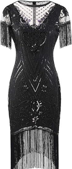 FAIRY COUPLE Women's 1920s Lace Neck Great Gatsby Dress Sequin Art Deco Flapper Dress with Sleeve D20S028, XL