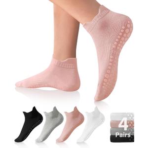 DIBAOLONG Pilates Socks with Grips for Women, Grip Socks Non Slip Yoga Socks for Barre Hospital Grippy Socks 4 Pairs (8-10, 1black+1grey+1pink+1white)