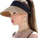 Womens Sun Hat Straw Visor UV Protection Wide Brim Packable Travel Summer Cap for Beach UPF 50+(Khaki)