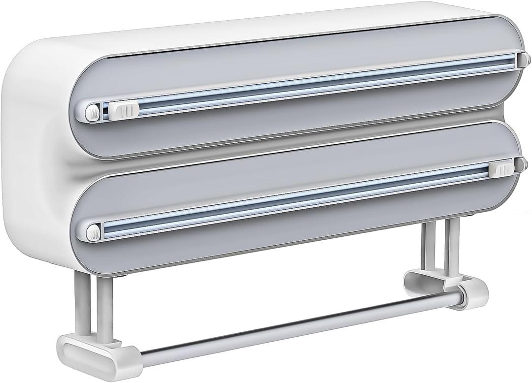 3 in 1 Aluminum Foil and Plastic Wrap Organize Dispenser with Cutter, Magnetic Paper Towel Holder for Fridge, Includes 1 Roll of Cling Film