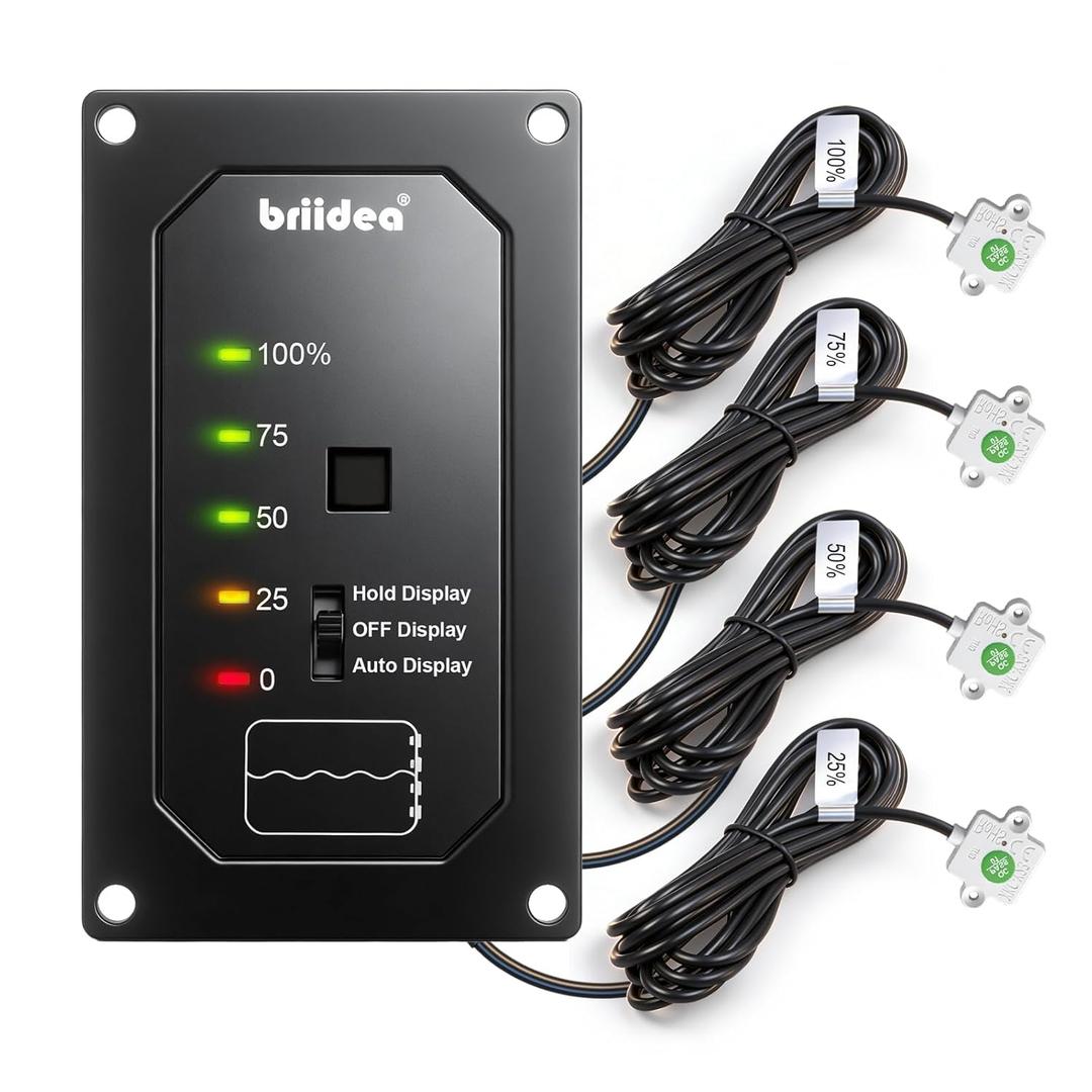 Briidra RV Water Tank Level Monitor System with Probeless Adhesive Sensors, LED Indicator, Motion-Sensing Light, Ensures Water Supply for Plastic Tanks up to 40 Gallons on 7-32V DC RVs, Boats
