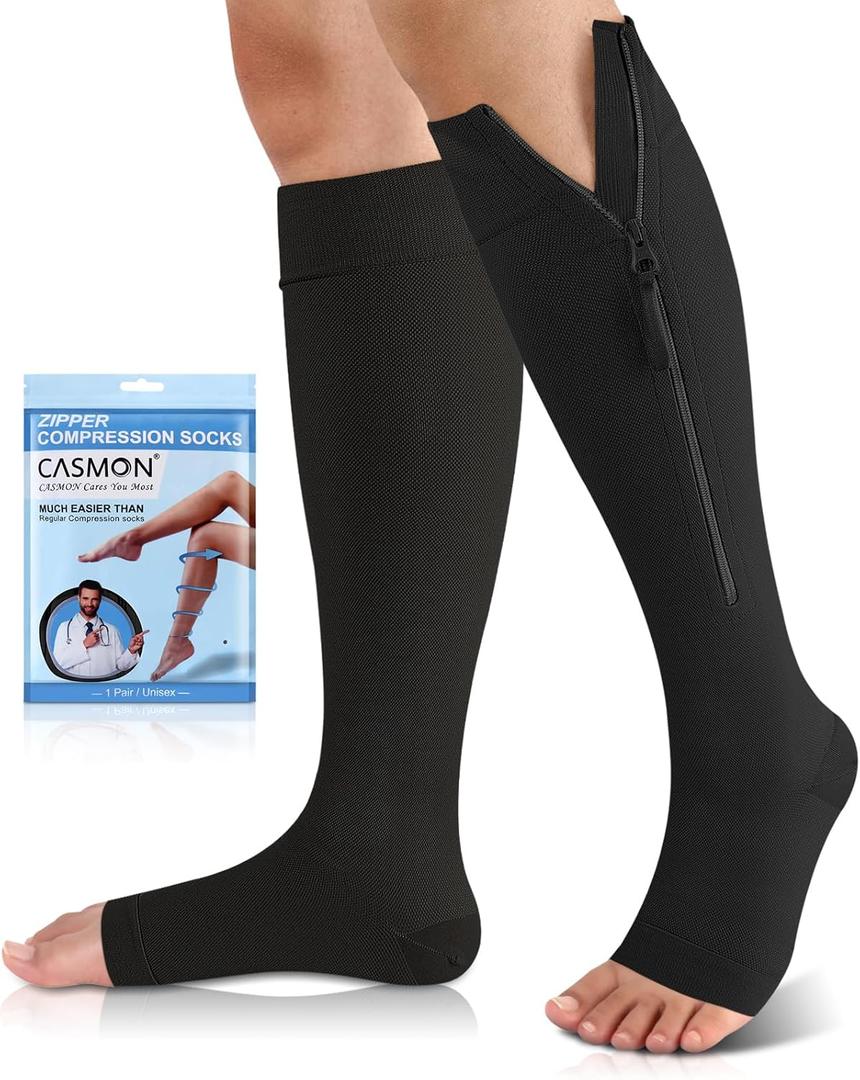 CASMON 15-20mmHg Zipper Compression Socks for Women and Men, Knee High Compression Stockings, Medical Open Toe Support Socks for Varicose Veins, Post-Surgery, Swelling, Nurses, Pregnancy (1 Pair) (XX-Large, Black)
