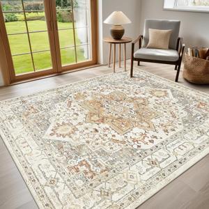 Washable Rugs 8x10 Area Rugs for Living Room,Rugs for Bedroom,Large Carpets,Ultra Soft Faux Wool Retro Dining Room Rug,Non Slip&Non-Shedding Low Pile Vintage Print Rug for Home Office,Turmeric (8' x 10' (Rectangular))