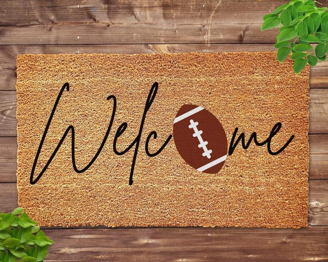 Football Doormat, 16x24 Inch, Brown, Green, Modern, Water Resistant, Braided, Letter Print, Machine Washable