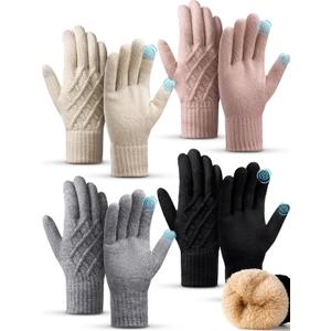 Mepase 4 Pair Winter Wool Gloves for Women Men Fleece Lined Touchscreen Glove Thermal Warm Thick Knit Glove for Cold Weather (Black Pink Beige Light Gray)