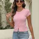 Womens Short Sleeve Sweater Tops Crew Neck Button Casual Summer Sweaters Ribbed Knit Cropped Cardigans (Pink, M)