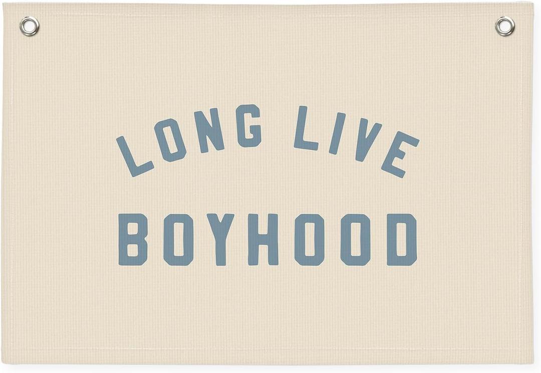 Long Live Boyhood Boys Room Decor - Linen Banner Wall Hanging Canvas Banner Flag Decor for Toddler Boy Room Nursery Playroom (Blue-Beige)