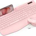 Wireless Keyboard and Mouse Combo - Full-Sized Ergonomic Keyboard with Wrist Rest, Phone Holder, Sleep Mode, Silent 2.4GHz Cordless Keyboard Mouse Combo for Computer, PC, Laptop, Mac, Windows -Trueque (1 PACK, Light Pink)