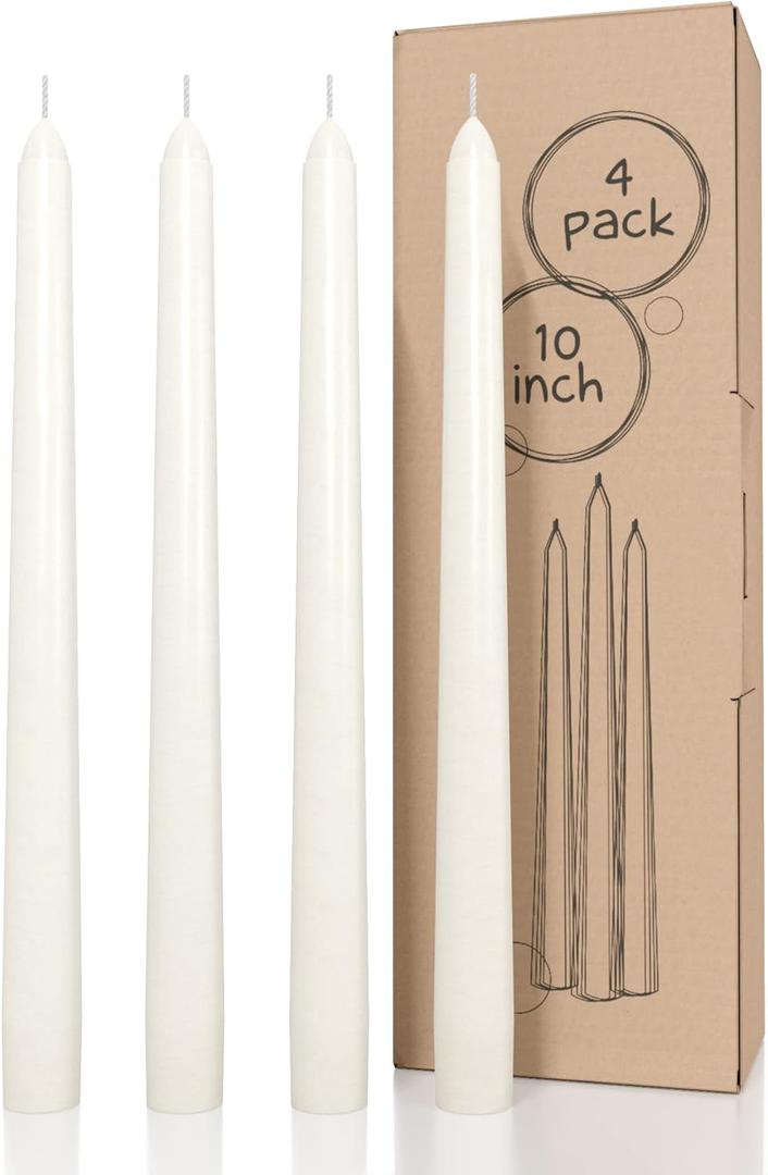 CANDWAX Ivory Taper Candles 10 inch Dripless - Set of 4 Tapered Candles Ideal as Dinner Candles - Smokeless and Unscented Taper Candles Long Burning - Hand Poured Tall Candlesticks