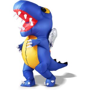 Inflatable T-Rex Costume for Adult, Blow-Up Dinosaur Suit for Halloween, Christmas, Birthday Party 150-190cm (Blue)