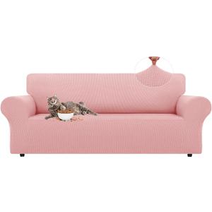 LURKA Stretch Sofa Slipcovers 1 Piece Couch Covers for 3 Cushion Couch Sofa Furniture Protector Full Sofa Covers with Elastic Bottom for Kids and Dog (Large, Pink)
