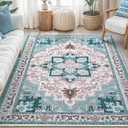 Boho Area Rugs 5x7 Washable Non-Slip,5 by 7 Low-Pile Retro Vintage Oriental Inspired Persian Style Bohemian Rug with Rubber Backing,Blue Carpet for Living Room,Bedroom,Dining Room Under Table,Office Light Blue