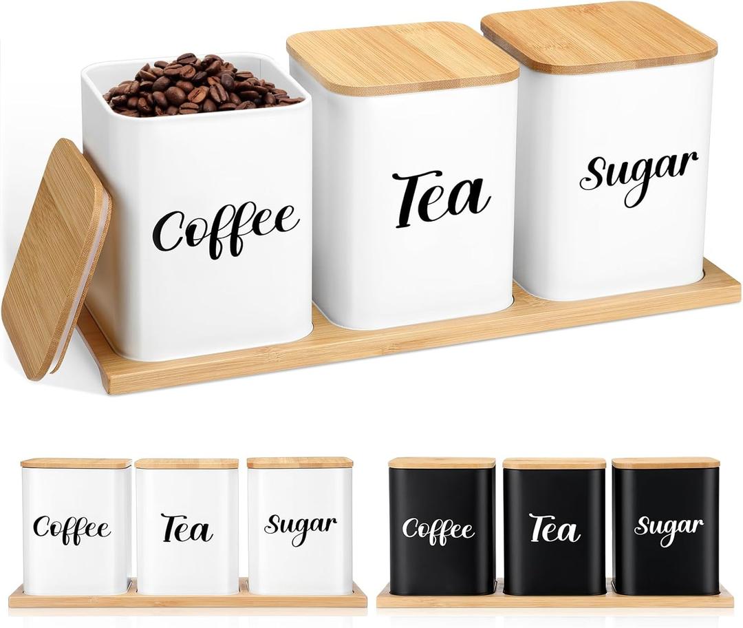 Tioncy Coffee Tea Sugar Container with Tray Set of 3 Airtight Metal Canister with Bamboo Lid Tray for Kitchen Counter Dining Room Farm House Kitchen Style Drink Station Organizer Set (White)