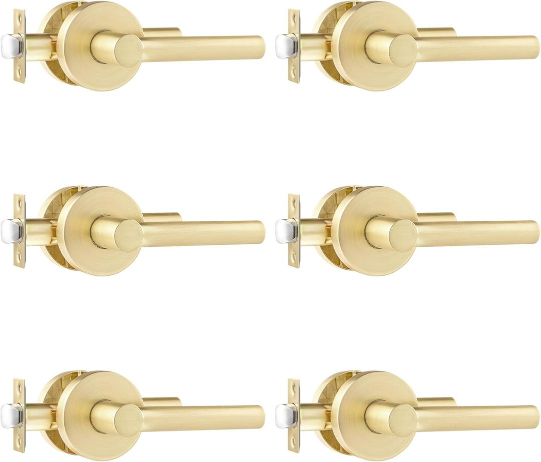 Leydebong 6 Pack Gold Interior Door Handle Passage Door Handle Lever for Indoor use, Reversible for Left and Right with No Key