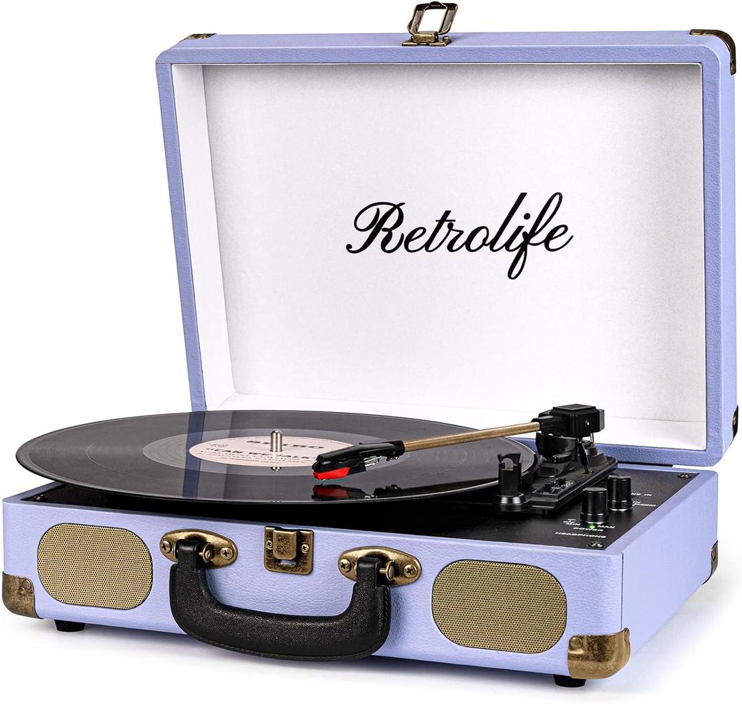 Vinyl Record Player 3-Speed Bluetooth Suitcase Portable Belt-Driven Record Player with Built-in Speakers RCA Line Out AUX in Headphone Jack Vintage Turntable Purple