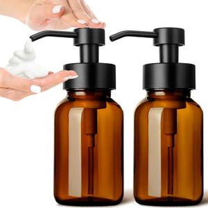 GMISUN Foaming Soap Dispenser, 8.5 fl oz / 250ml Amber Glass Foam Soap Dispenser for Bathroom & Kitchen, 2 Pack Modern Refillable Foaming Hand Soap Dispensers, Foam Pump Bottle with Waterproof Labels