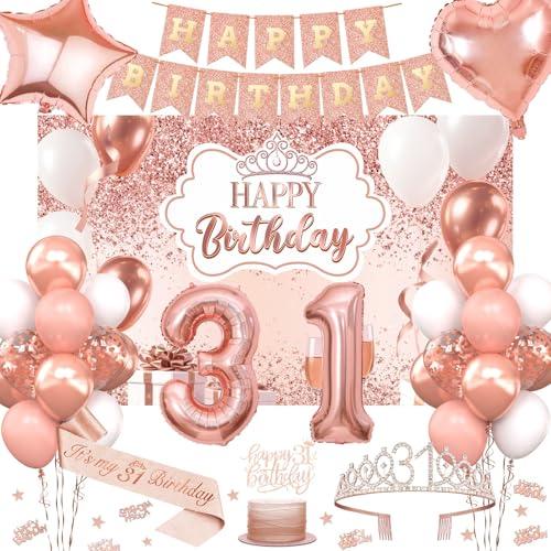 31st Birthday Decorations for Women, 52pcs Sweet Rose Gold Happy 31 Birthday Decorations Including 31st Rose Gold Crown, Sash, Banner, Background for 31 Party Decorations Set