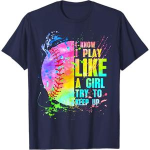 I Know I Play Like A Girl Try to Keep Up Softball T-Shirt Navy M