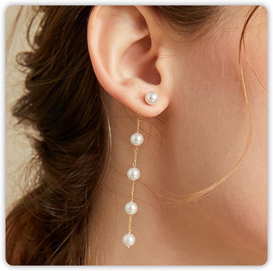 Trinckle Pearl Earrings for Women, Gold Pearl Drop Earrings for Grils Boho Silver Dangle Earring, White Bridal Dangling Bow Earings for Wedding or Mothers Day Jewelry, Ball Prom Bridesmaid Accessories