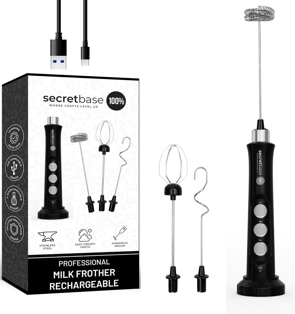 Secretbase Handheld Rechargeable Milk Frother - 3 Speed, USB-C Charging - Stainless Steel Double Whisk for Bulletproof Coffee, Espresso Whipper, Mini Electric Stirrer (Black Frother without Pitcher)