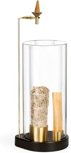 4 in 1 Wooden Incense Burner with Glass, Incense Holder for Candle, Sticks, Palo Santo, Sage and Cones, Wood Ash Catcher Tray for Meditation Yoga Room Home Decor (Glass)