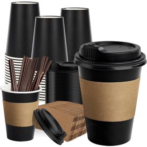 RACETOP 12 oz Paper Coffee Cups,100 Pack Black Disposable Coffee Cups with Lids, Sleeves and Stirring Sticks, 12 oz Hot Coffee Cup for Hot Drinks, Parties, Picnic, Travel, and Events