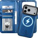 Bocasal for iPhone 17 Pro Max Wallet Case Compatible with MagSafe Wireless Charging, RFID Blocking Magnetic Leather Case with Card Slots Holder Kickstand Detachable Wrist Strap 6.9 Inch (Blue)