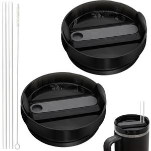 40oz Tumbler Lid Compatible for Stanley, 2 Pack Replacement Tumbler Lids Fit for Stanley Quencher 2.0 Tumbler 40 OZ, with Straws and Cleaning Brush (Black)
