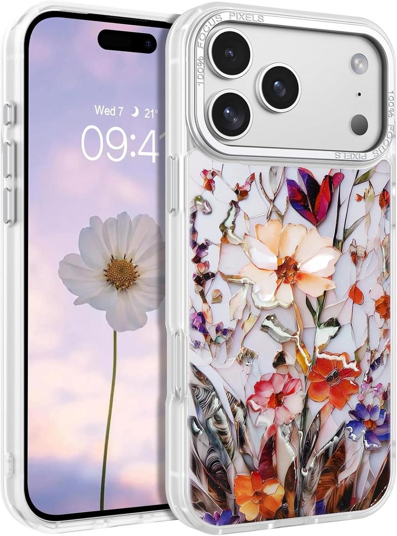 DOMAVER for iPhone 17 Pro Max Case Cute, Magnetic Phone Cases for iPhone 17 ProMax [Compatible with MagSafe] Slim Fit Flowers Floral Design Shockproof Protective Cover Women Girls - Marble Flowers