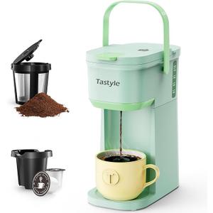 Tastyle Single Serve One Cup Coffee Maker, for K Cups and Grounds, Mini Coffee Maker with Portable Handle, 6 to 12 Oz Brew Size, for Travel, Camping, Office, RV and Dorm, 120V, Oasis