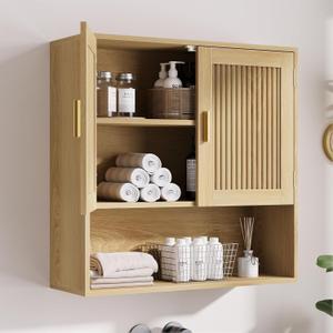 Smuxee Bathroom Cabinet Wall Mounted, Wooden Medicine Cabinet with Fluted Doors & Adjustable Shelf, Bathroom Cabinet for Bath Room, Living Room, Laundry Room, Small