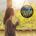 Stained Glass Suncatcher,Wildflower Stained Glass Window Hanging, Mountain Landscape Sun Catcher, Stained Glass Art, Floral Window Decor Gifts (9.8 in, Colorful Flowers)