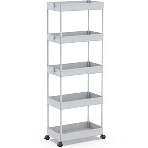 SPACEKEEPER 5-Tier Rolling Cart, Bathroom Storage Organizer Utility Cart, Mobile Shelving Unit Slide Out Shelves for Kitchen Living Room Laundry Room & Dressers,Gray