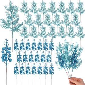 Cindeer 80 Pcs Aquamarine Christmas Glitter Berries Stems Pine Needles Christmas Artificial Picks Fake Floral Twig Spray for Xmas Tree Ornaments DIY Wreath Garland Decorations