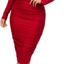 Women's Sexy Deep V Neck Off Shoulder Ruched Bodycon Long Sleeve Midi Dress Evening Party Cocktail Dress (Large, Red)