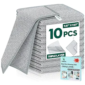 10 Pcs New Upgraded 3 Layers Non Scratch Wire Dishcloth, Multipurpose Wire Dishwashing Rags, Wet & Dry for Cookware, Sinks, Dishes, Stoves & Fireplaces (7.87 x 7.87-12pcs)