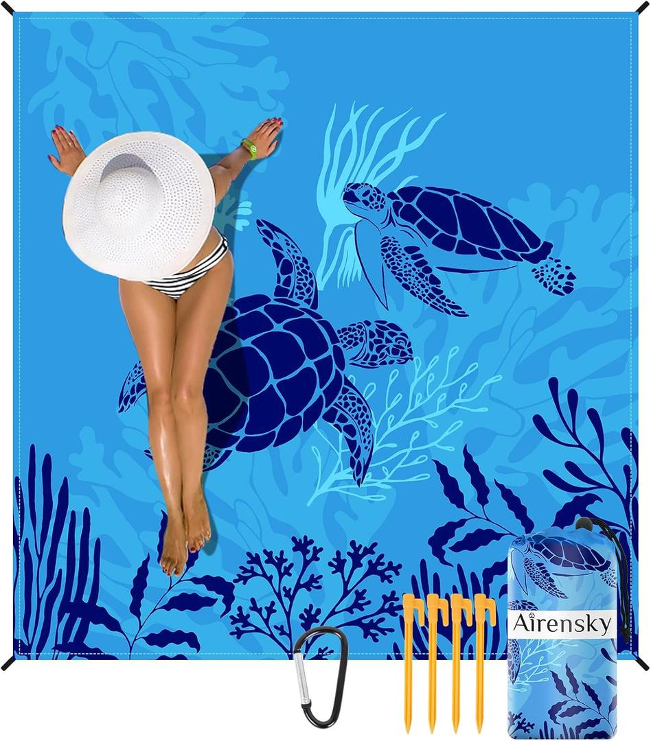 Airensky Beach Blanket, Sandproof Beach Mat 79" X 82" for 4-7 Adults, Large Waterproof Beach Blanket Compact Lightweight Beach Blanket with 4 Stakes for Picnic Camping Travel Hiking(Blue Turtles)