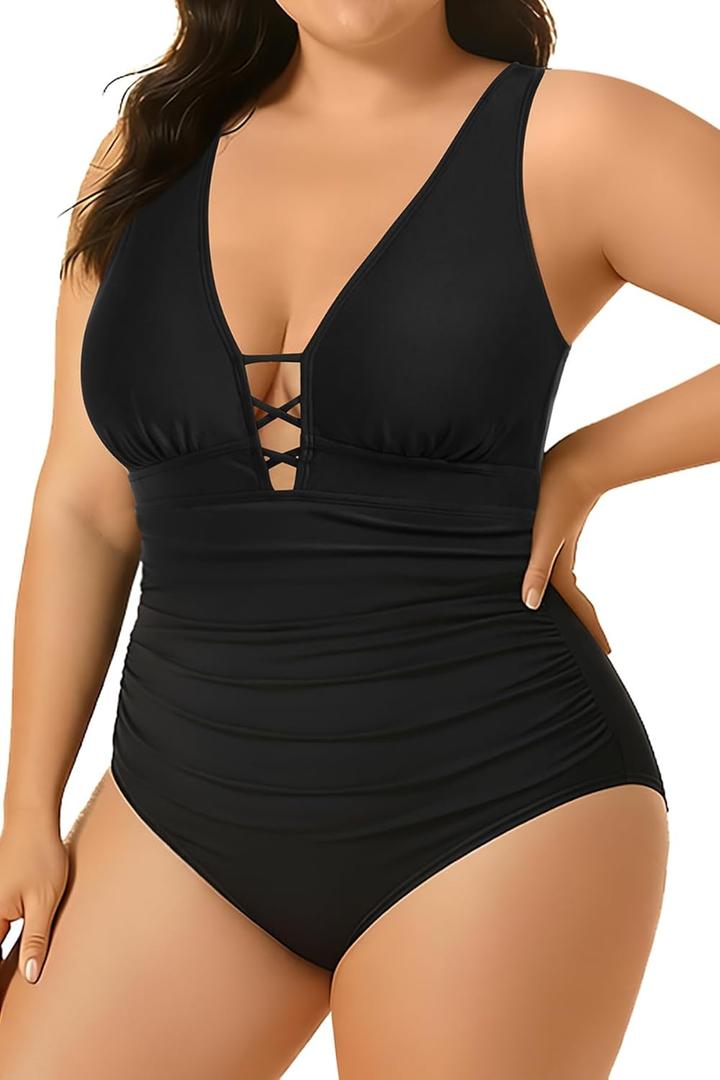 Yonique Women Plus Size One Piece Swimsuit Tummy Control Bathing Suits Lace up Plunge Swimwear Black XXL