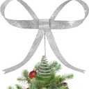 HUTHDAK Large Glitter Silver Bow Christmas Tree Topper,9.4 Inch Metal Tree Topper,Silver Bow Christmas Decorations for Xmas Home Decor Holiday Party Indoor Outdoor Shop Office