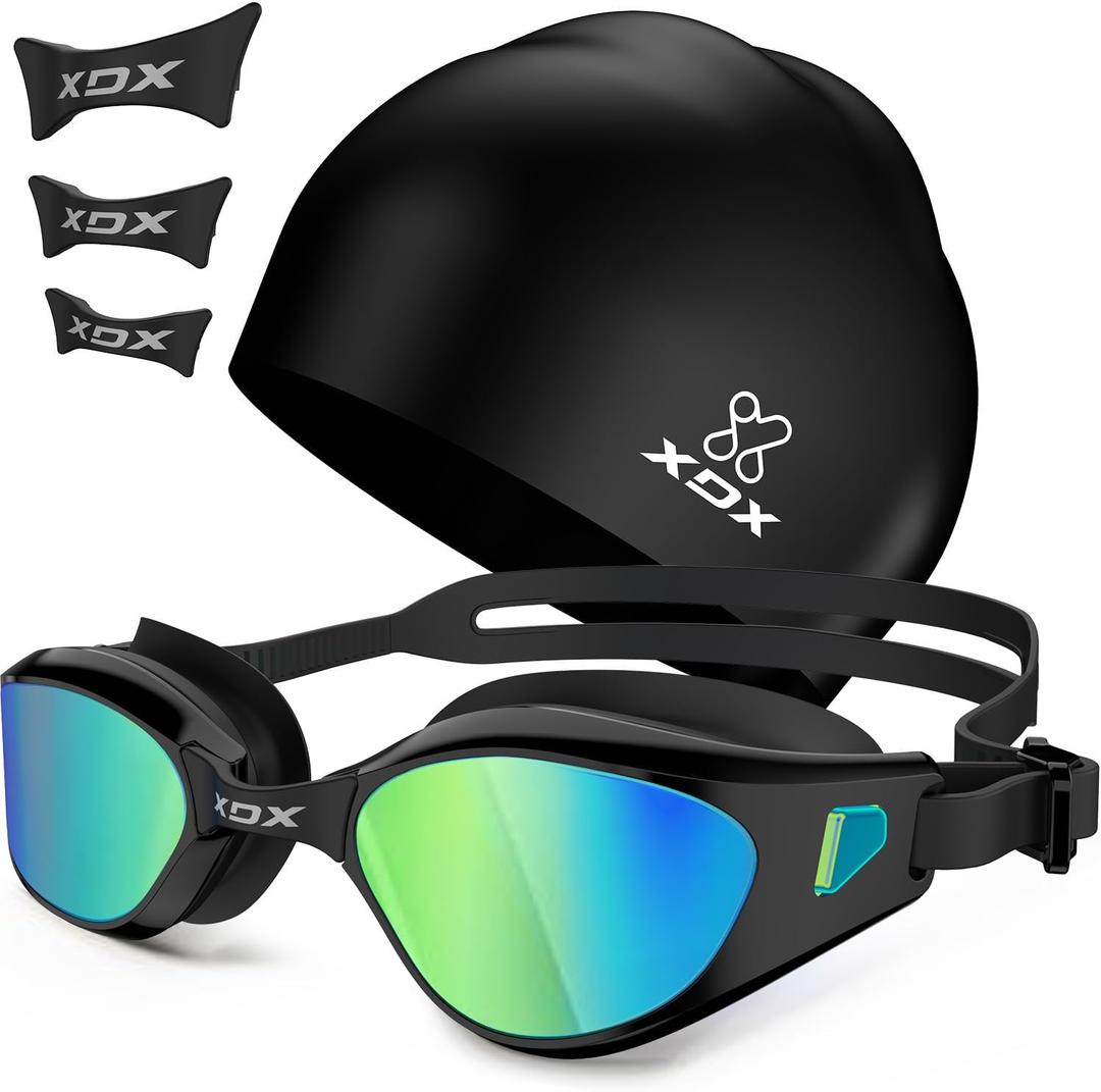 XDX Swim Goggles with Swim Cap Anti-Fog Pool Goggles with Detachable Lenses Swimming Goggles Cap Set for Youth Men Women