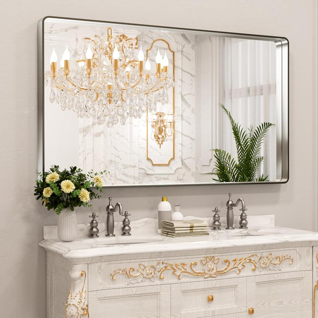 LOAAO 60X30 Inch Brushed Nickel Bathroom Mirror, Rounded Rectangle Silver Metal Frame Mirror, Brushed Nickel, Anti-Rust, Shatter Proof, Hangs Horizontally or Vertically