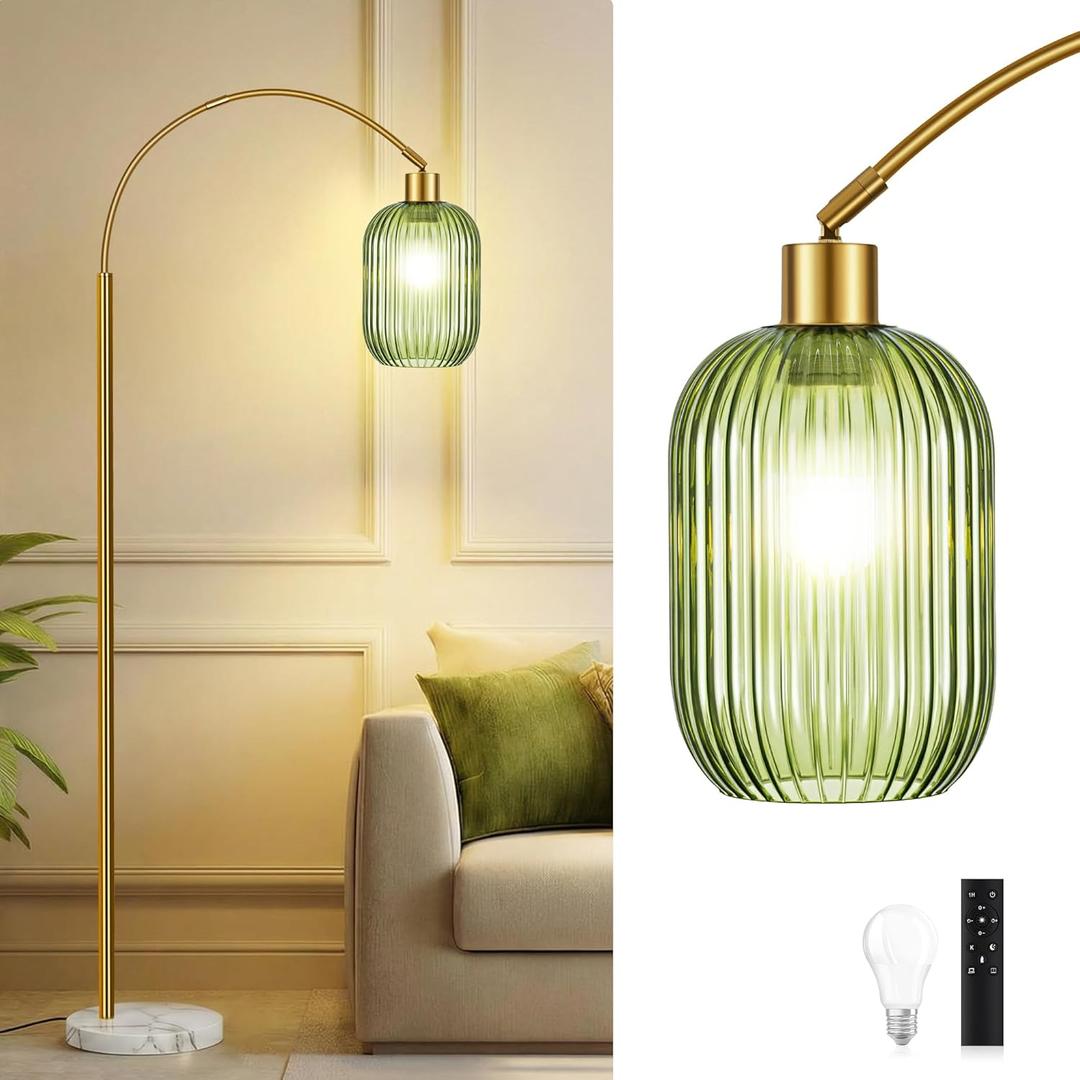 COTTHOS Floor Lamp for Living Room, Modern Gold Lamp with Ribbed Glass Lampshade Marble Base, 68 Glass Tall Lamp with Remote Control and Pedal Switch for Bedroom (6000K LED Bulb Included)