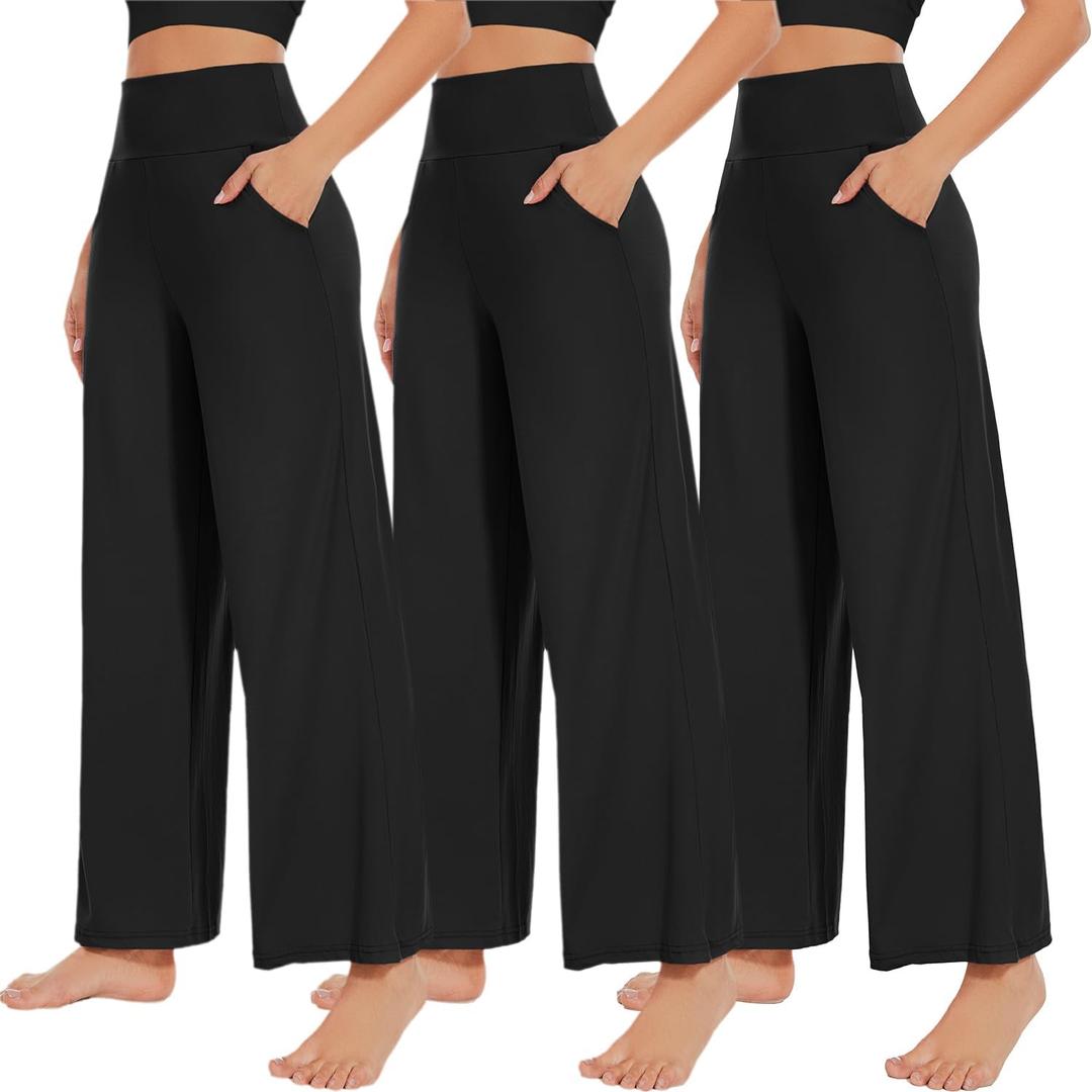 NEW YOUNG 3 Pack Women's Wide Leg Pants with Pockets High Waist Loose Sweatpants Casual Lounge Yoga Workout Palazzo, Size: Small (Black)