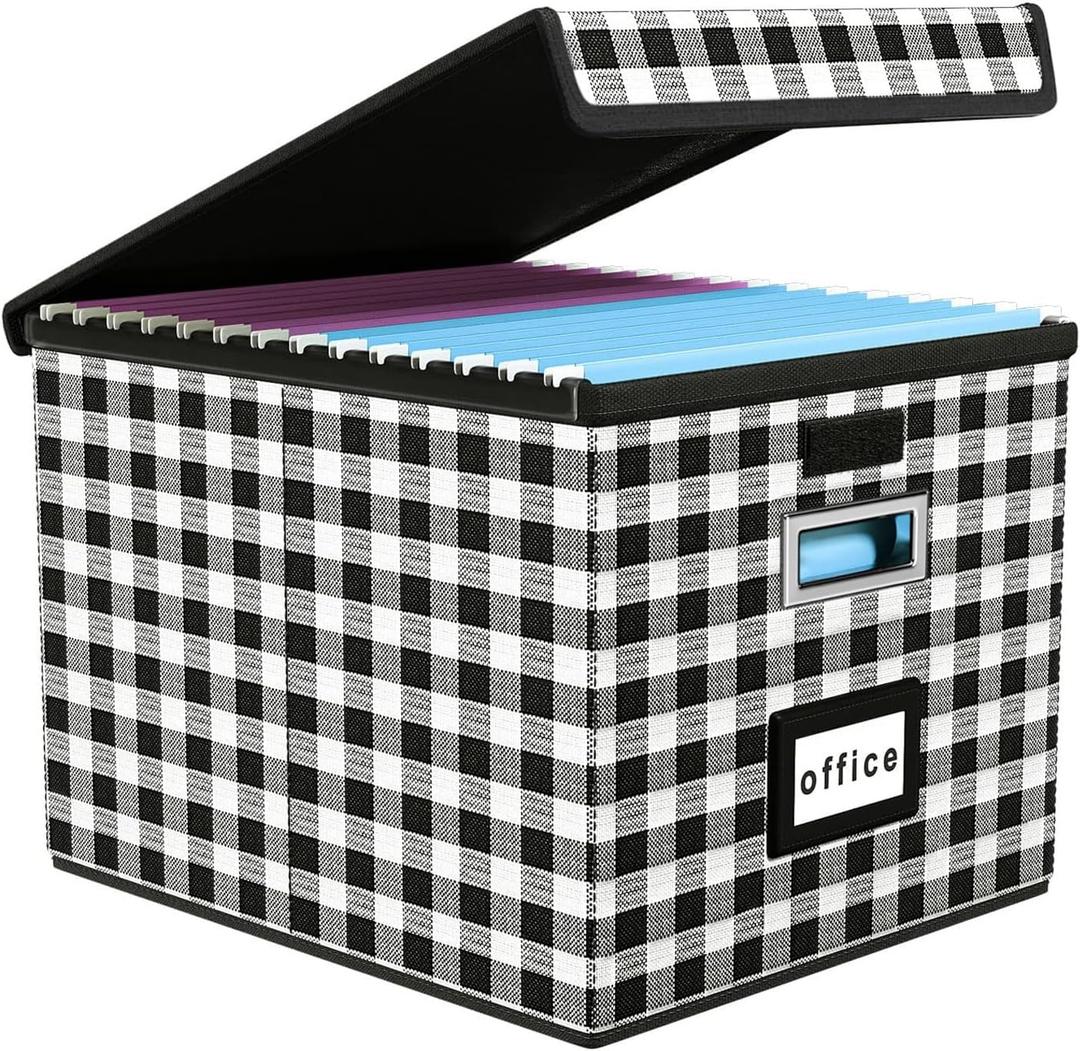 Huolewa Collapsible File Storage Organizer Box with Lid, Lattice Linen Office Document Storage, Universal Hanging Filing Organization Box for Letter/Legal Folder, Decorative Home File Bin (Black & White Lattice)