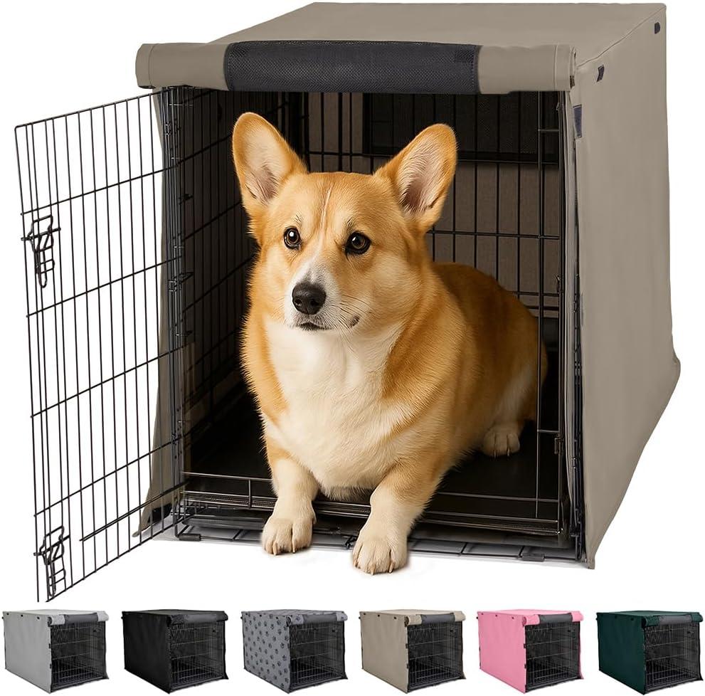 GORILLA GRIP Dog Crate Covers Compatible with Amazon Basics Dog Crates, All Sides Open, Privacy Cover Fits 30" Wire Kennel, Breathable Mesh Windows, Light Reducing Puppy Training Cage Topper, Taupe (30" x 19" x 21")