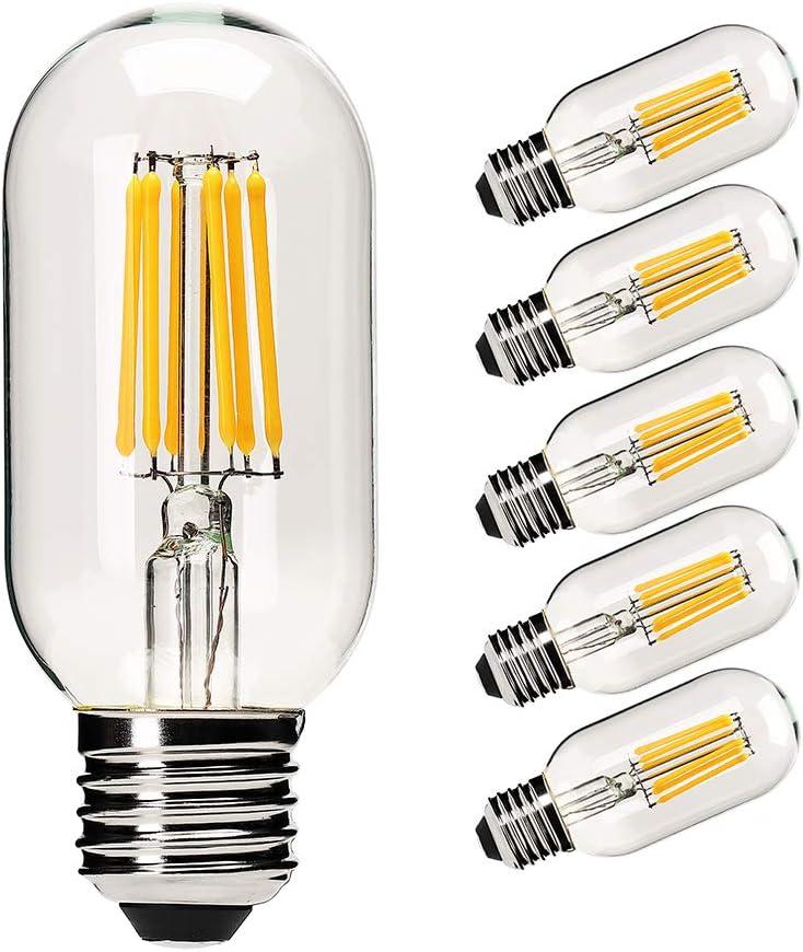 Dimmable T45 LED Edison Bulb,2700K Warm White,6W Antique Tubular LED Filament Bulbs,60 Watt Equivalent E26 Base,550Lm,Pack of 6