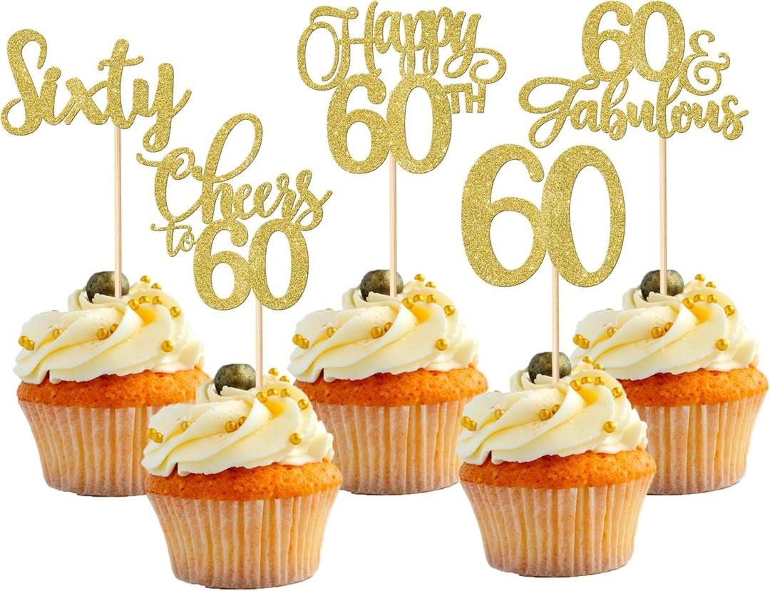 Rsstarxi 30 Pack Gold Happy 60th Birthday Cupcake Toppers Glitter Sixty 60 Fabulous Cheers to 60 Years Old Cupcake Food Picks for Happy 60th Birthday Wedding Anniversary Party Cake Decorations