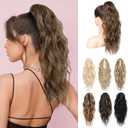 LONAI Ponytail Extension, 18" Wavy Claw Clip Ponytail Extensions ZJ001Curly Wavy Claw Clip in Hair Extensions Synthetic Fake Pony tails Hairpieces-Medium Brown Mixed